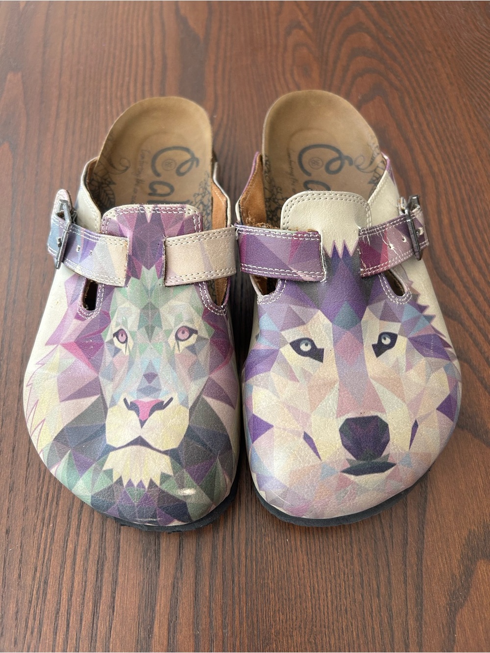 Women’s Calceo handmade vegan Geometric Lion & Wolf Clogs / Mules